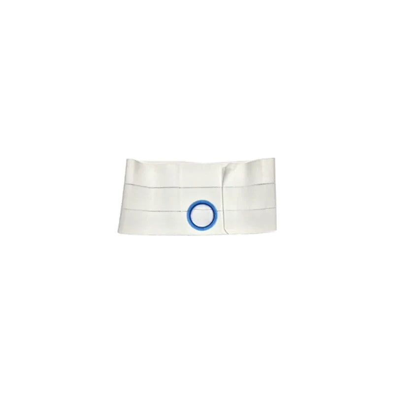 White ostomy support belt with blue ring, medical accessory for stoma care