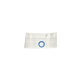 White ostomy support belt with blue ring, medical accessory for stoma care
