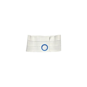White ostomy support belt with blue ring, medical accessory for stoma care
