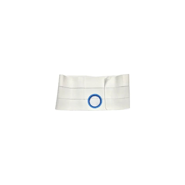 White ostomy support belt with blue ring, medical accessory for stoma care