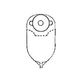 Medical ostomy pouch line drawing, top-view with drainable end, used for stoma care