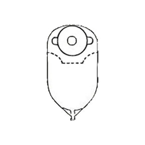 Medical ostomy pouch line drawing, top-view with drainable end, used for stoma care