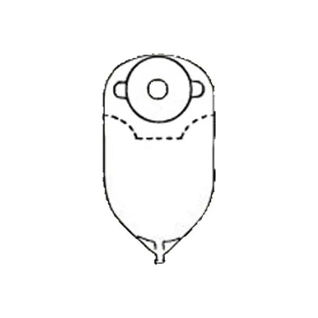 Medical ostomy pouch line drawing, top-view with drainable end, used for stoma care