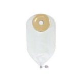 Transparent ostomy bag with beige adhesive barrier and drainable closure on white background