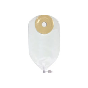 Transparent ostomy bag with beige adhesive barrier and drainable closure on white background