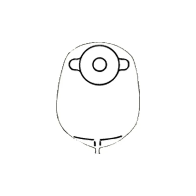 Medical ostomy pouch illustration with round opening and outlet against white background