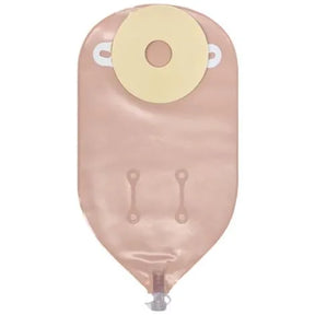Beige ostomy pouch with drainable closure and adhesive barrier for medical use