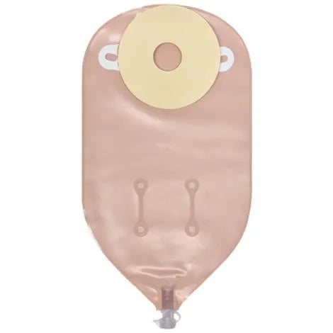 Beige ostomy pouch with drainable closure and adhesive barrier for medical use