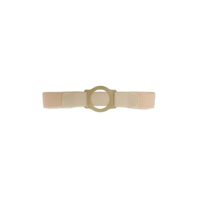 Beige ostomy belt with round plastic ring, adjustable medical support accessory