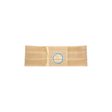 Beige ostomy support belt with blue ring for stoma, medical supply on white background