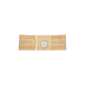Beige ostomy support belt with blue ring for stoma, medical supply on white background