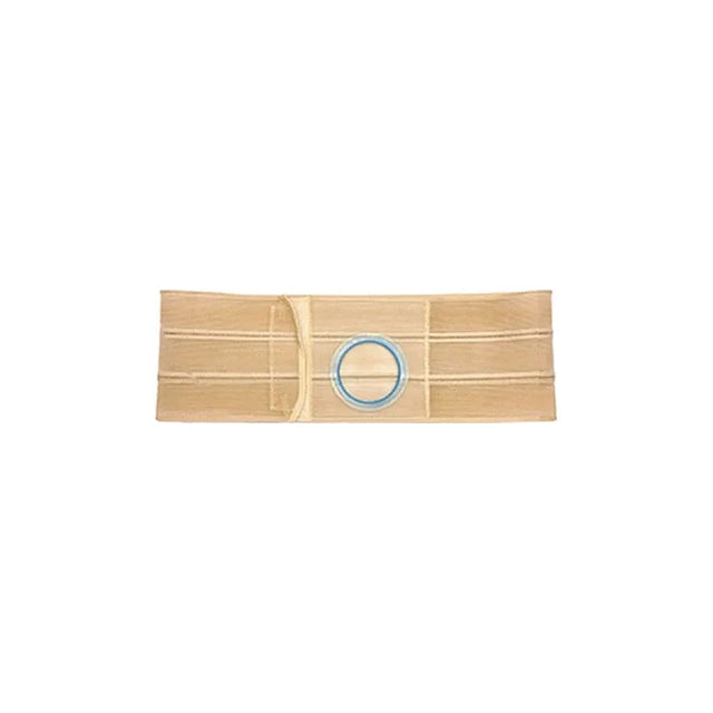 Beige ostomy support belt with blue ring for stoma, medical supply on white background