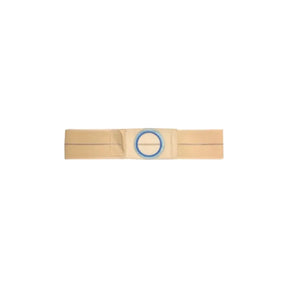 Beige medical support belt with blue circular opening for ostomy or hernia support