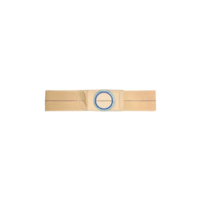 Beige ostomy belt with blue plastic ring for medical stoma support