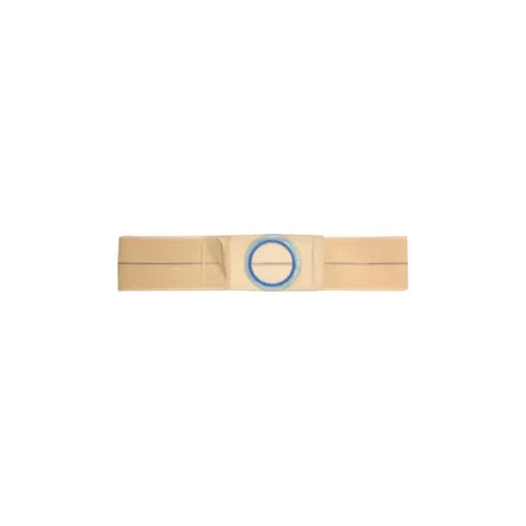 Beige ostomy belt with blue plastic ring for medical stoma support
