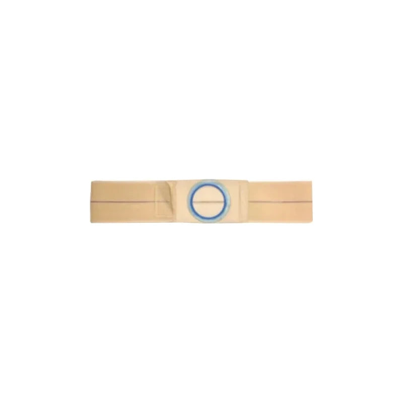 Beige medical ostomy belt with central blue ring, laid flat on white background