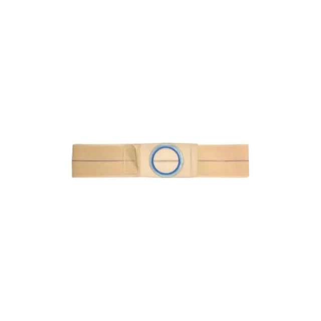 Beige medical ostomy belt with central blue ring, laid flat on white background