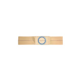 Beige medical ostomy belt with blue circular ring, flat on white background.
