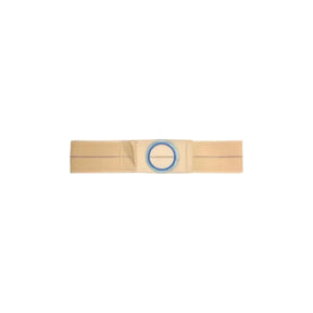 Beige medical ostomy belt with blue circular ring, flat on white background.
