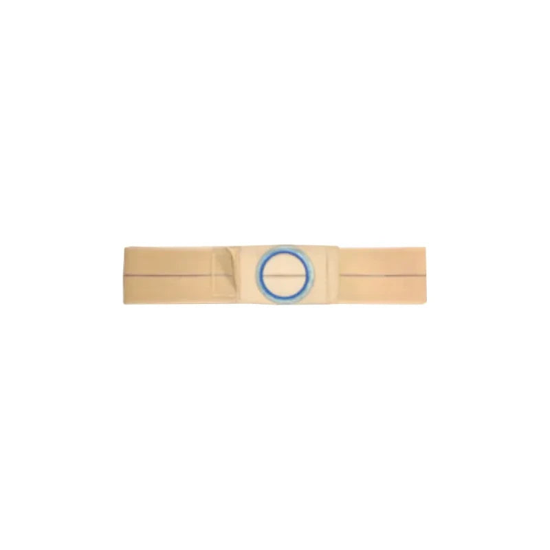 Beige ostomy support belt with blue plastic ring, medical supply on white background