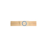 Beige ostomy support belt with blue plastic ring, medical supply on white background