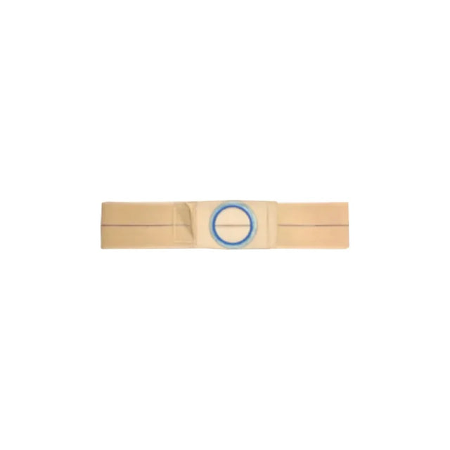 Beige ostomy support belt with blue plastic ring, medical supply on white background