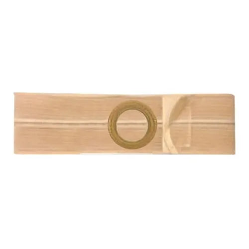 Beige ostomy belt with circular opening for ostomy pouch support, medical supply product.