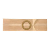 Beige ostomy belt with circular opening for ostomy pouch support, medical supply product.