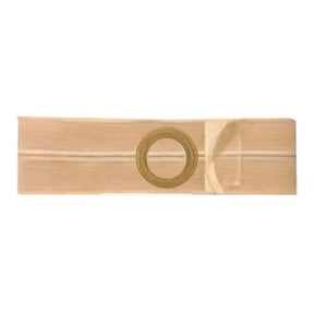 Beige ostomy belt with circular opening for ostomy pouch support, medical supply product.