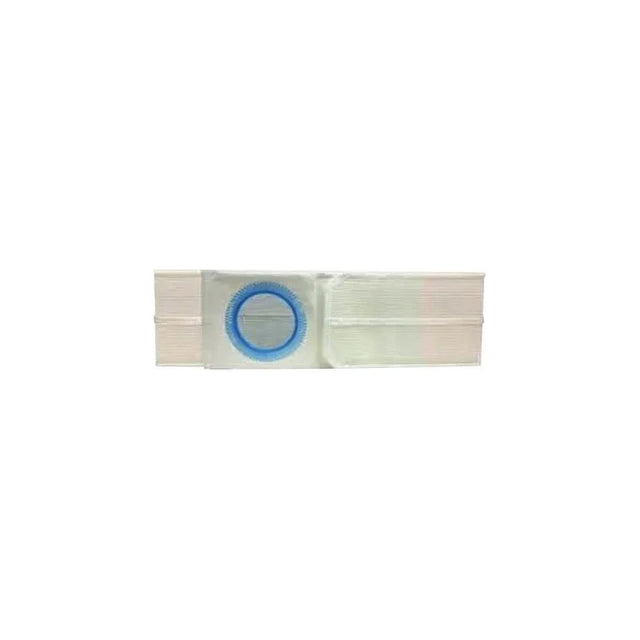 White ostomy belt with blue plastic ring for stoma support on plain background