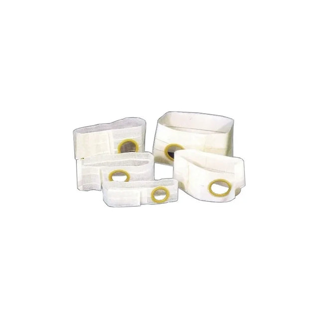 White ostomy support belts with round openings, displayed in multiple sizes on white background