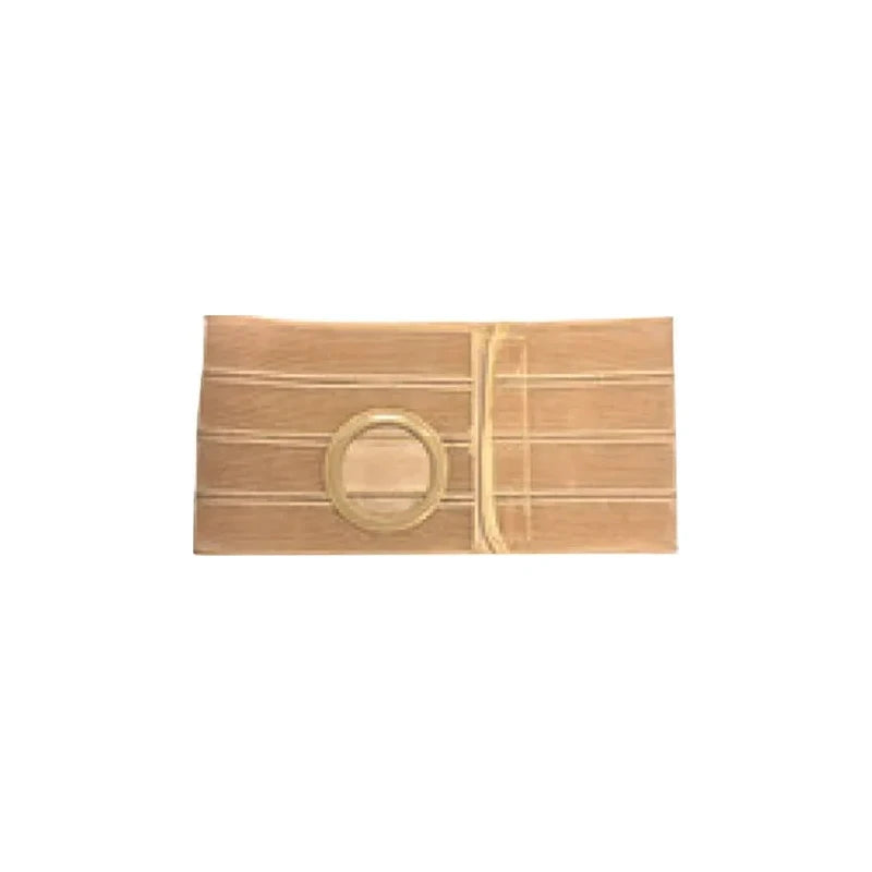 Beige ostomy support belt with adjustable strap and round stoma opening, medical supply