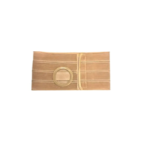 Beige ostomy support belt with adjustable strap and round stoma opening, medical supply