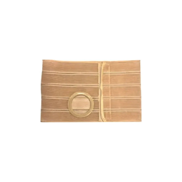 Beige ostomy support belt with circular stoma opening for medical use