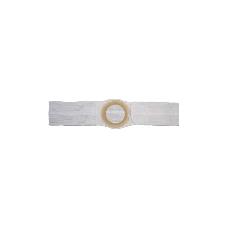 White ostomy belt with round central opening for medical support
