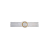 White ostomy belt with round central opening for medical support