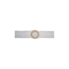 White ostomy belt with round central opening for medical support