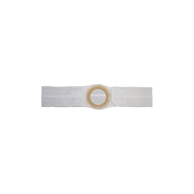 White ostomy belt with round central opening for medical support