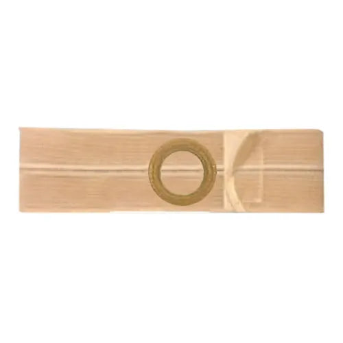 Beige hernia support belt with circular stoma opening for ostomy care
