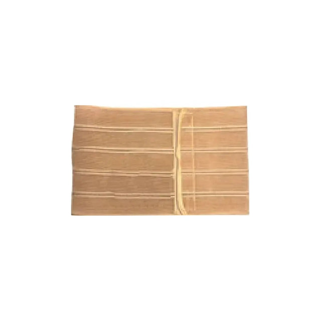 Beige medical abdominal binder with adjustable straps on white background