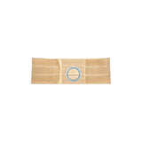 Beige medical support belt with circular stoma opening, ostomy support accessory