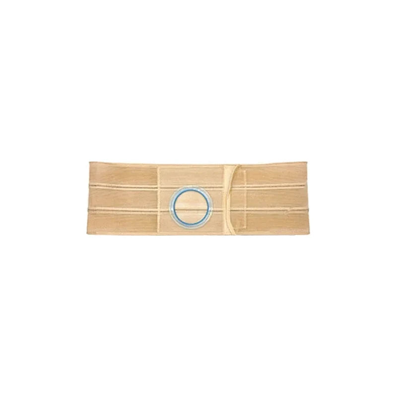Beige ostomy support belt with circular opening, designed for medical use, on white background.