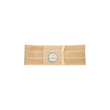 Beige ostomy support belt with circular opening, designed for medical use, on white background.