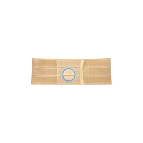 Beige ostomy support belt with circular opening, designed for medical use, on white background.