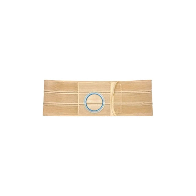 Beige ostomy support belt with circular opening, designed for medical use, on white background.