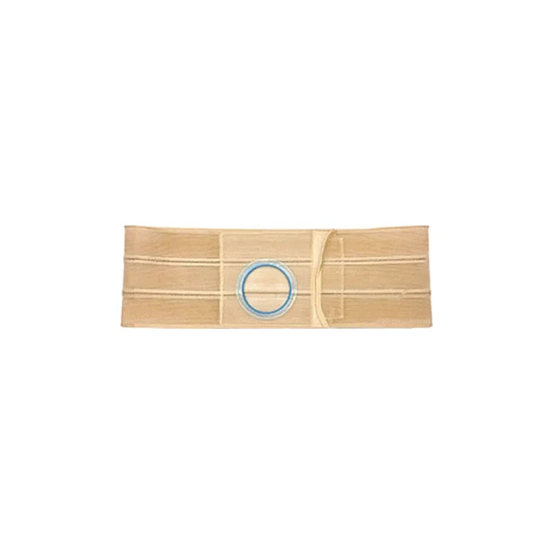 Beige ostomy support belt with blue ring for medical stoma care on white background.