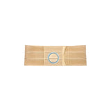Beige ostomy support belt with blue ring for medical stoma care on white background.