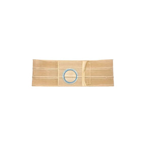 Beige ostomy support belt with blue ring for medical stoma care on white background.