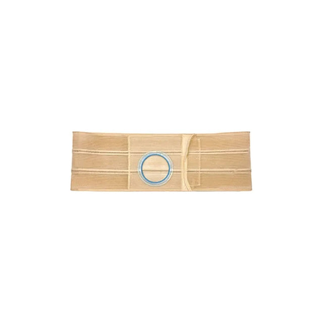 Beige ostomy support belt with blue ring for medical stoma care on white background.