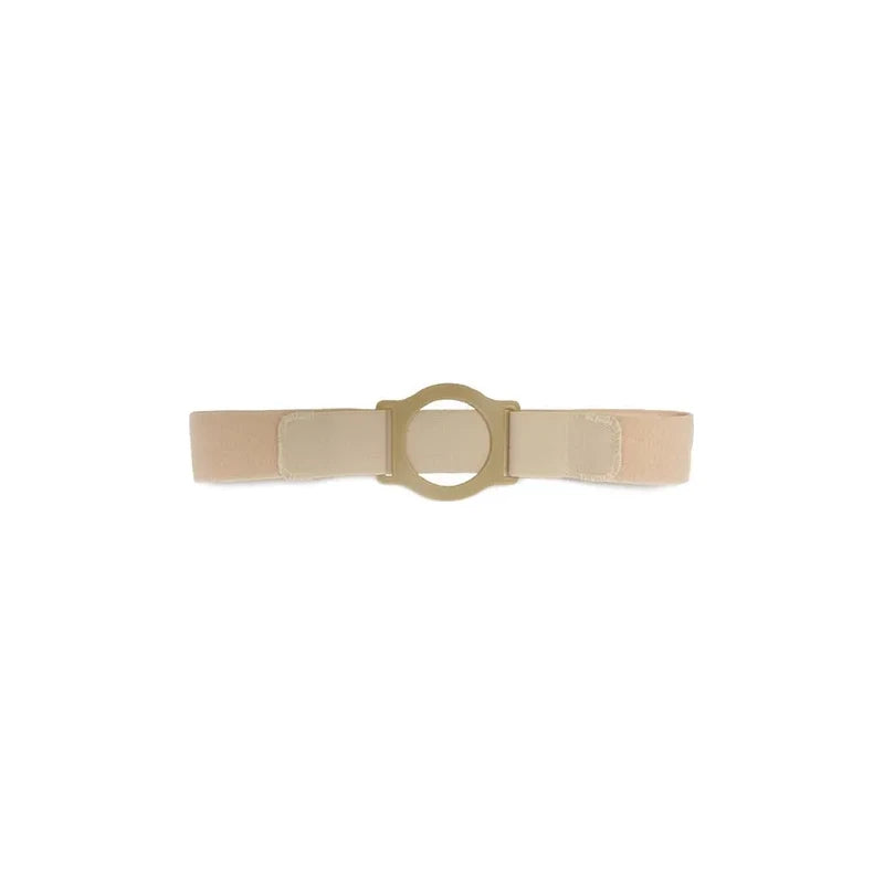 Beige ostomy belt with round plastic support and adjustable Velcro straps on white background
